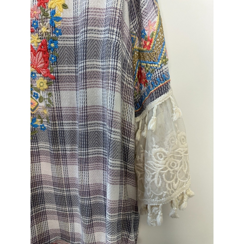 John Mark Boho Embroidered Plaid Tunic Top Lace Tassel Sleeve Blouse Womens XL - Picture 4 of 14
